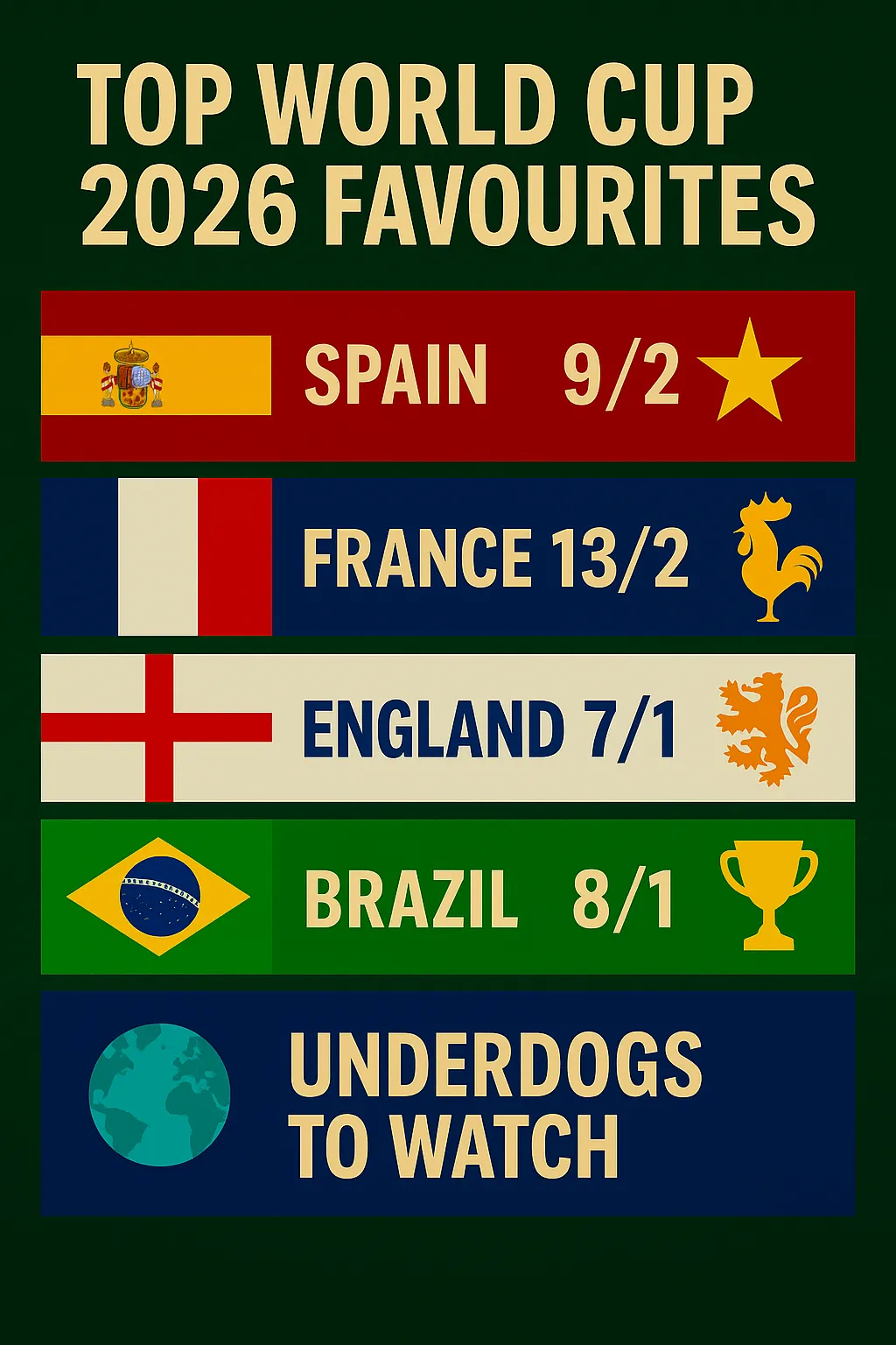 Infographic titled “Top World Cup 2026 Favourites” showing Spain (9/2, star), France (13/2, rooster), England (7/1, lion), Brazil (8/1, trophy), and “Underdogs to Watch” with a globe icon.