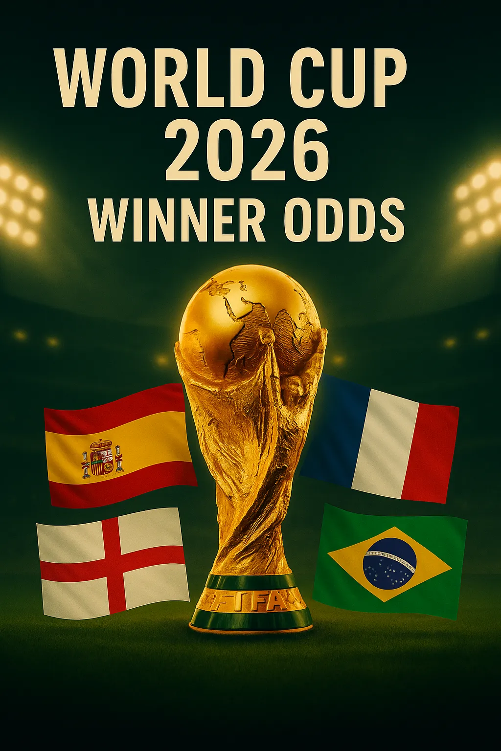 Poster with the headline “World Cup 2026 Winner Odds,” a golden World Cup trophy centered, and flags of Spain, France, England, and Brazil under stadium floodlights.
