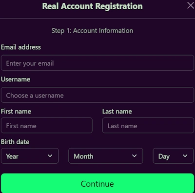 Avantgarde Casino registration form screenshot