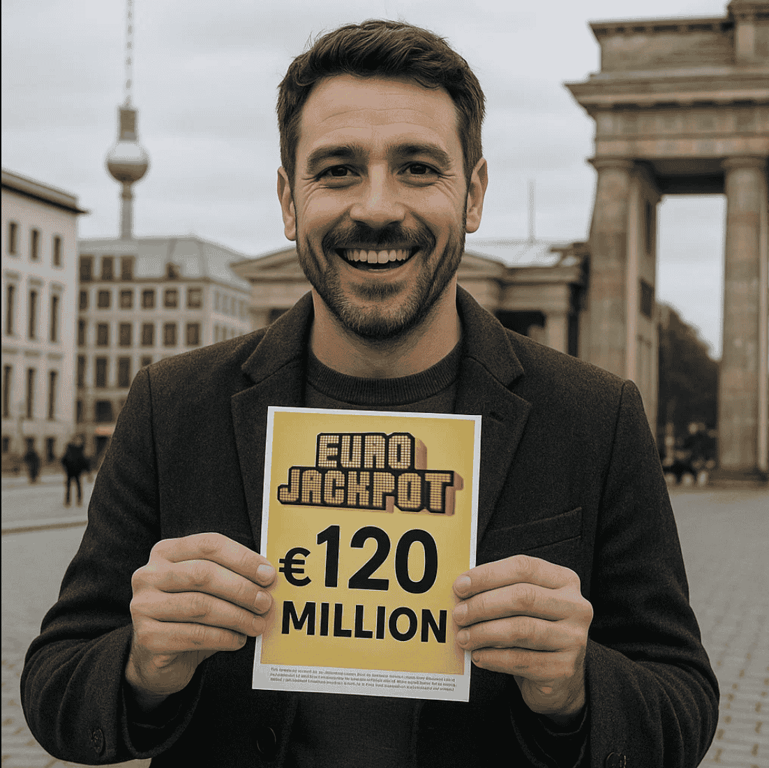 Eurojackpot winner holding €120 million prize announcement in Berlin