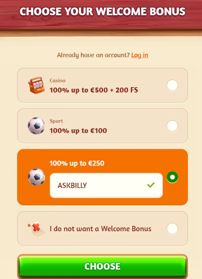 BillyBets Casino welcome message