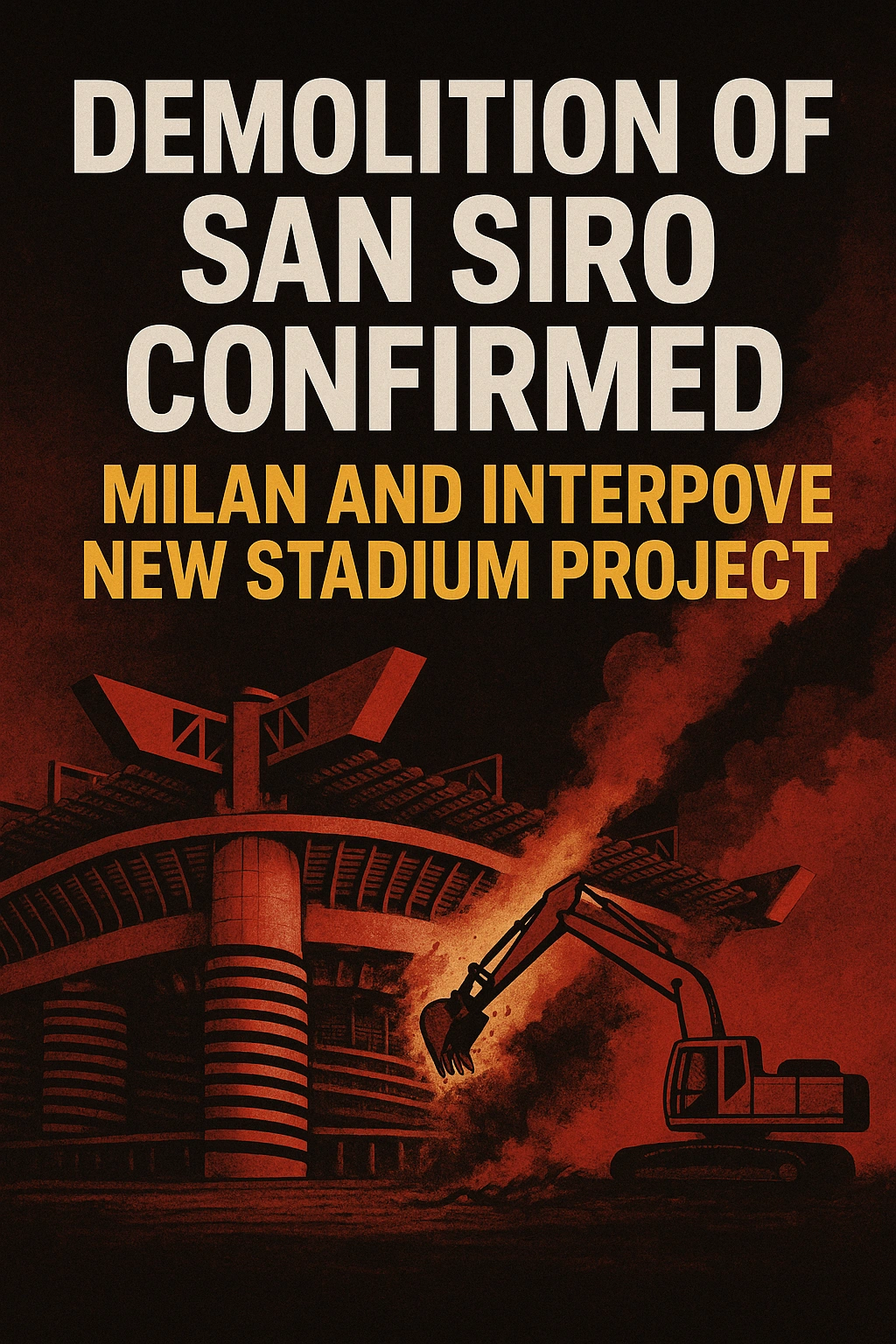 “Poster announcing the demolition of San Siro Stadium with bold white and yellow text and a dramatic red-black background showing an excavator tearing into the structure under smoke.”