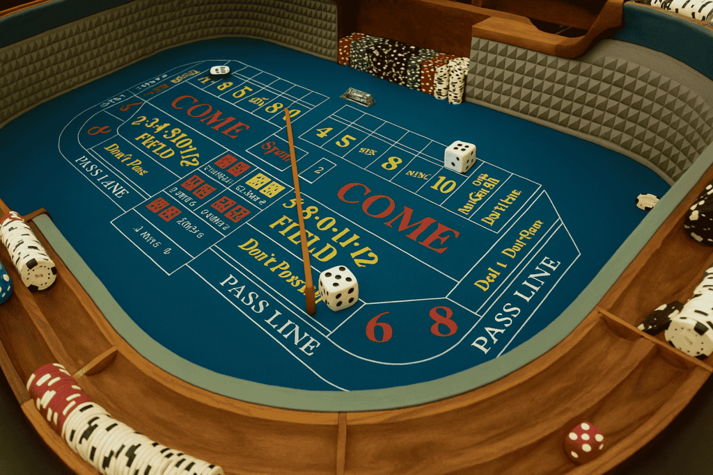 Professional craps table layout showing PASS LINE, COME, and FIELD betting areas with dice and chips