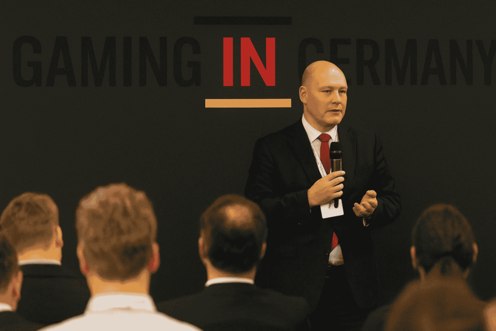 Gaming in Germany Conference speaker presenting to industry professionals in Berlin
