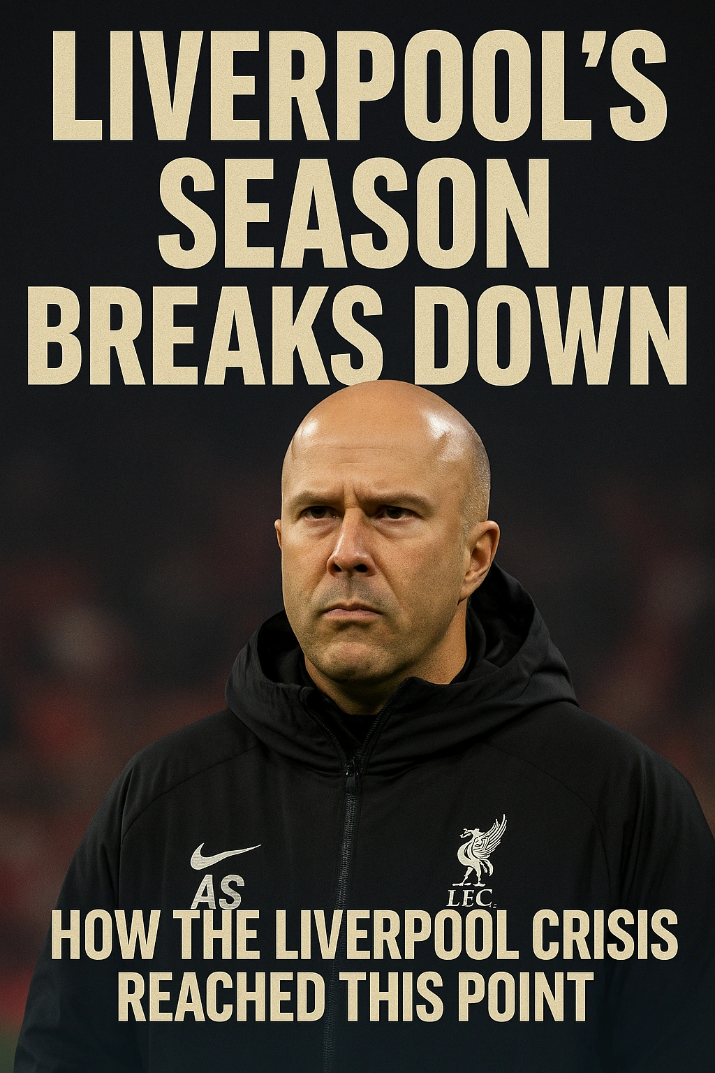 Poster showing Liverpool manager Arne Slot looking serious in a dark jacket, with the headline “Liverpool’s Season Breaks Down” and subheading “How the Liverpool Crisis Reached This Point,” using bold cream text on a dark red–black background.