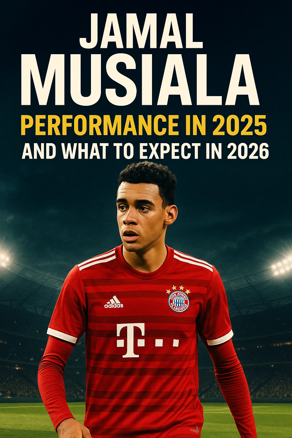 “Poster of Jamal Musiala in a Bayern Munich kit with headline text reading ‘Jamal Musiala Performance in 2025 and What to Expect in 2026,’ set in a dramatic stadium backdrop.”
