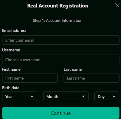 Pure Casino registration form