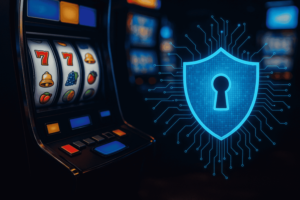 Modern slot machine with digital security shield showing encrypted network protection against cheating methods