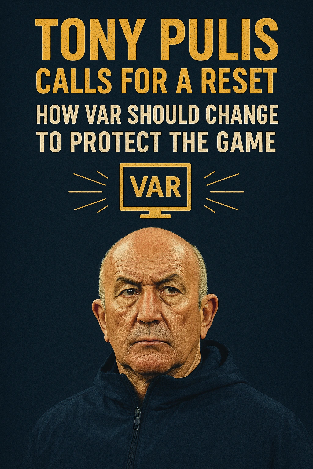 A bold vertical sports poster featuring Tony Pulis with a serious expression, set against a dark navy background. Large distressed yellow text reads “Tony Pulis Calls For a Reset – How VAR Should Change to Protect the Game.” A VAR monitor icon appears above the portrait.