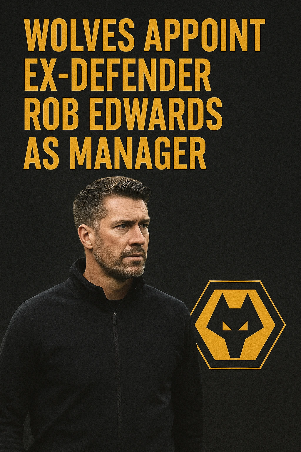 “Vertical poster with golden text reading ‘Wolves Appoint Ex-Defender Rob Edwards As Manager’ above a focused portrait of Rob Edwards in a black jacket, with a stylised golden wolf crest on a black background.”