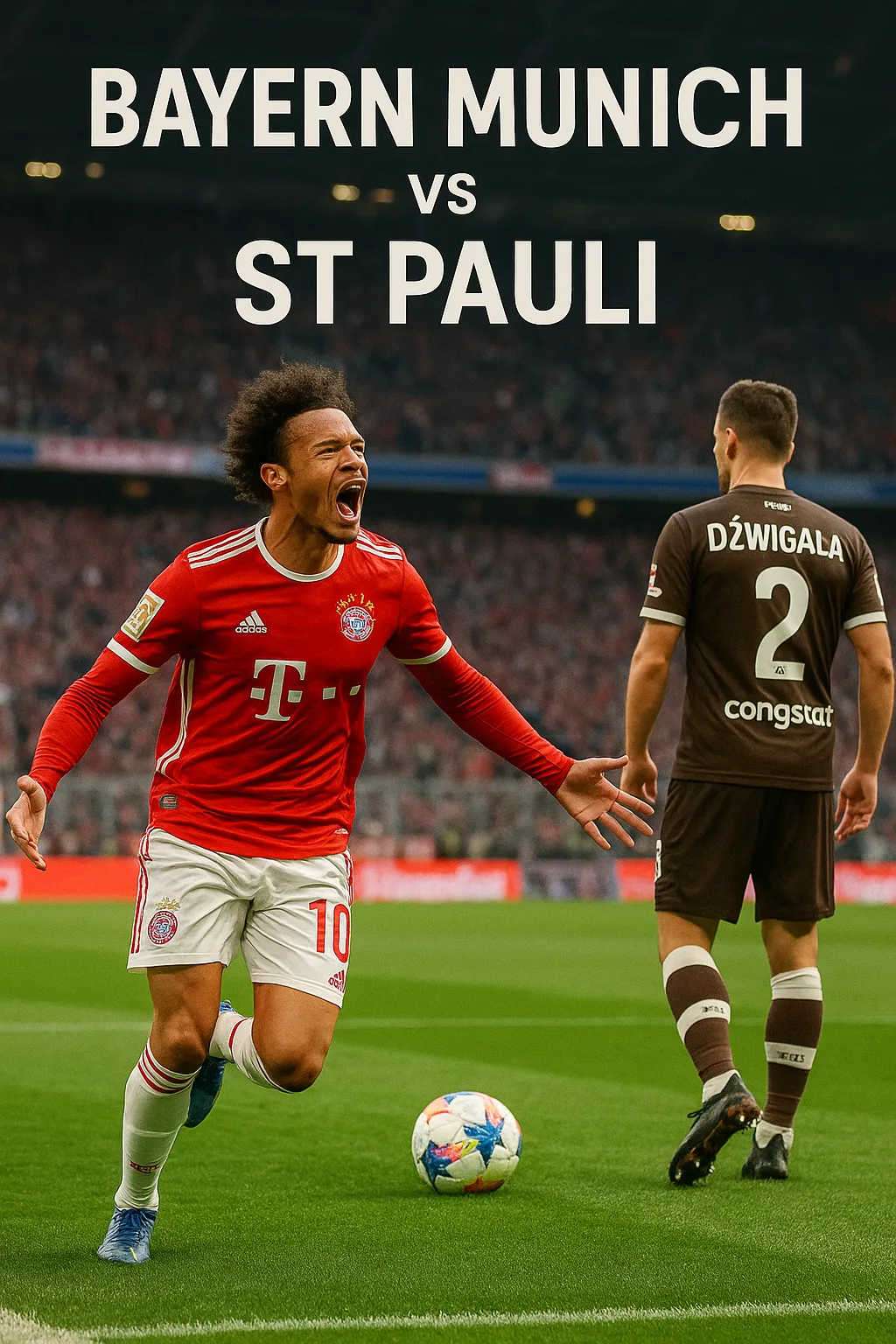 Photorealistic poster of Bayern Munich vs St Pauli featuring Leroy Sané celebrating in a red Bayern kit, with a St Pauli defender in a brown kit in the background, set on a real Bundesliga pitch.