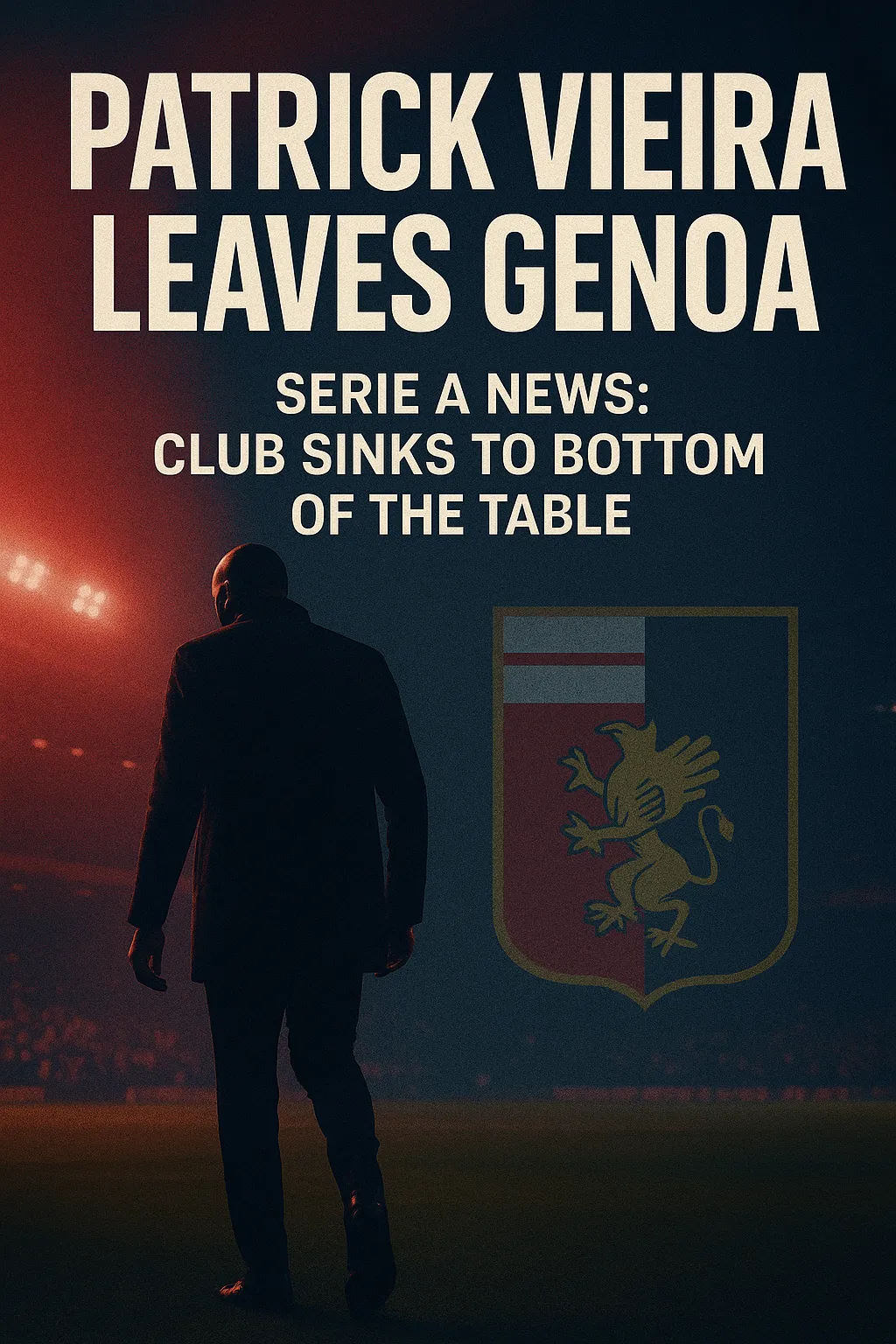 Poster showing Patrick Vieira walking away from a dimly lit stadium in Genoa’s red and blue tones, with headline “Patrick Vieira Leaves Genoa” and subtext “Serie A News: Club Sinks to Bottom of the Table.”