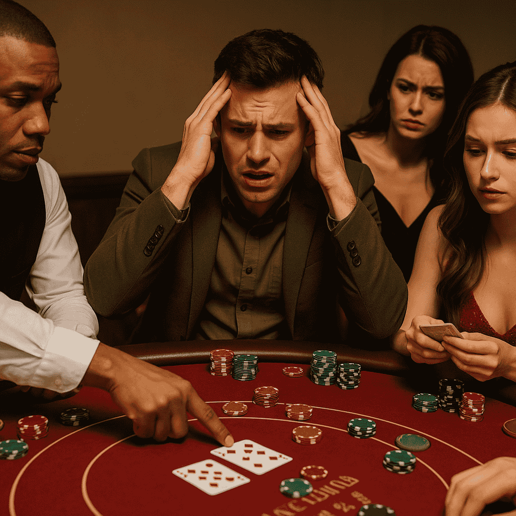 Stressed blackjack player holding head in frustration at casino table with scattered chips and poor hand