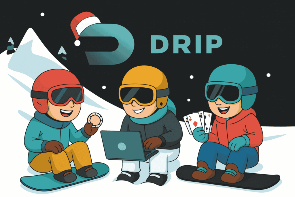 Drip Casino promotion 2025 featuring three winter sports enthusiasts with casino chip laptop and playing cards