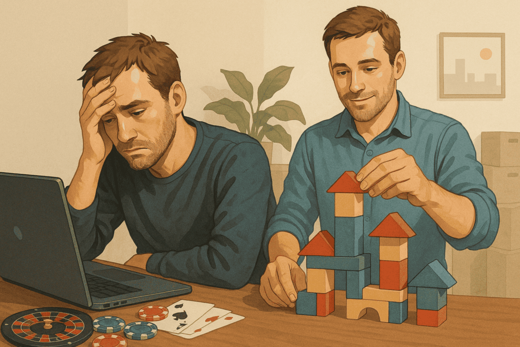 Support person helping distressed gambler with financial recovery planning using building blocks metaphor