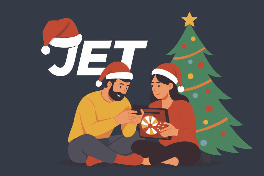 Jet Casino promotions December 2025 showing couple playing casino games on tablet with Christmas tree