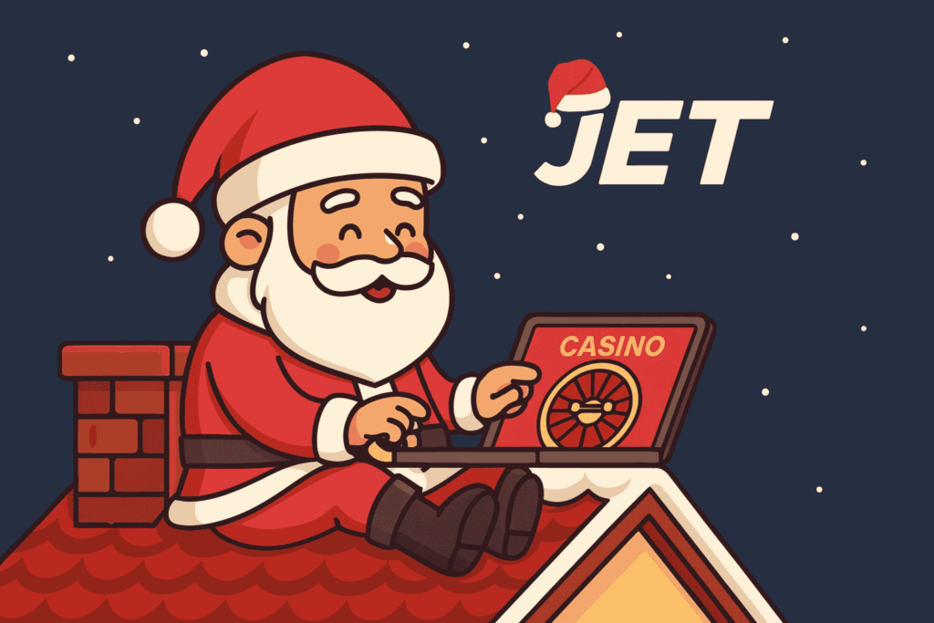 Jet Casino December promotions featuring Santa Claus on rooftop playing online casino games on laptop
