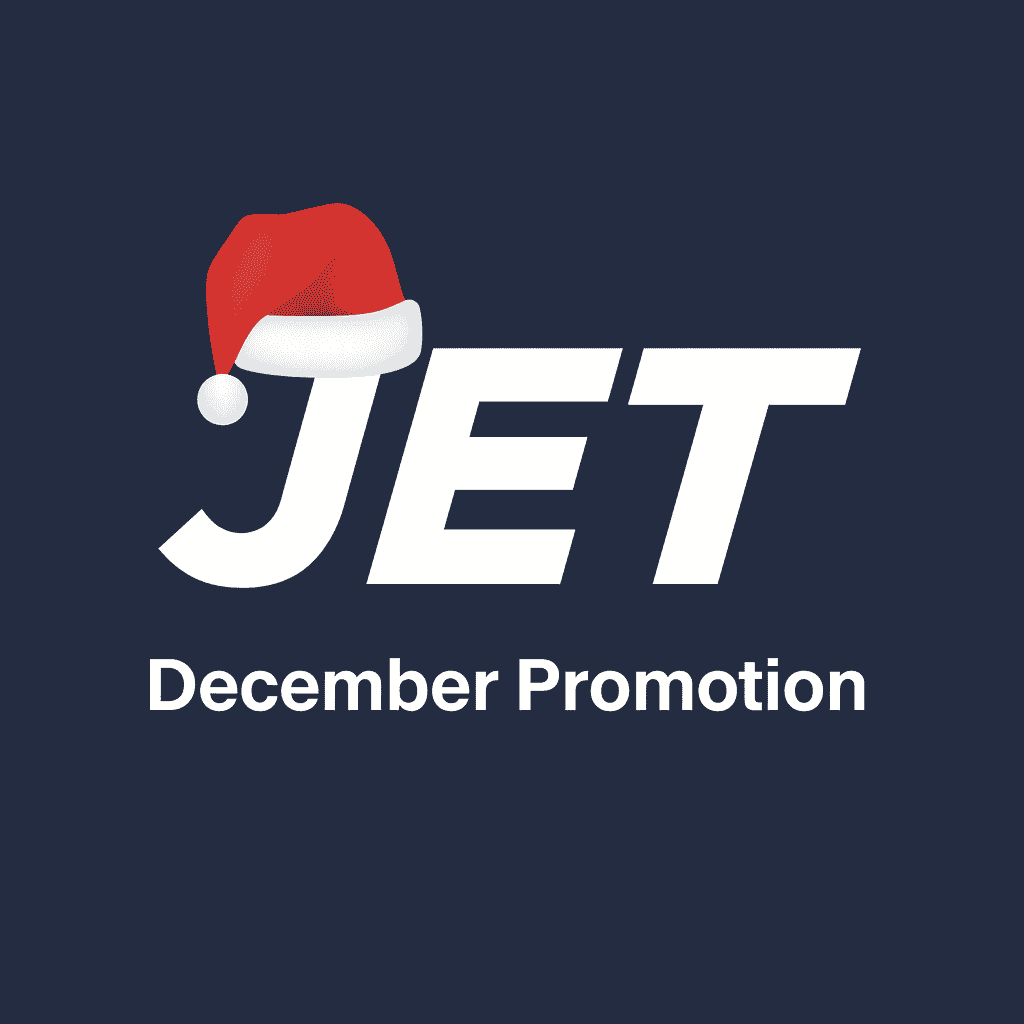 Jet Casino promotions logo with Santa hat and December Promotion text on dark background