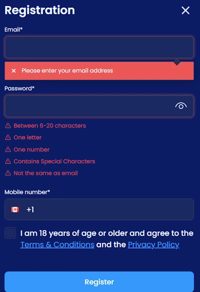 Mr Mobi Casino registration form