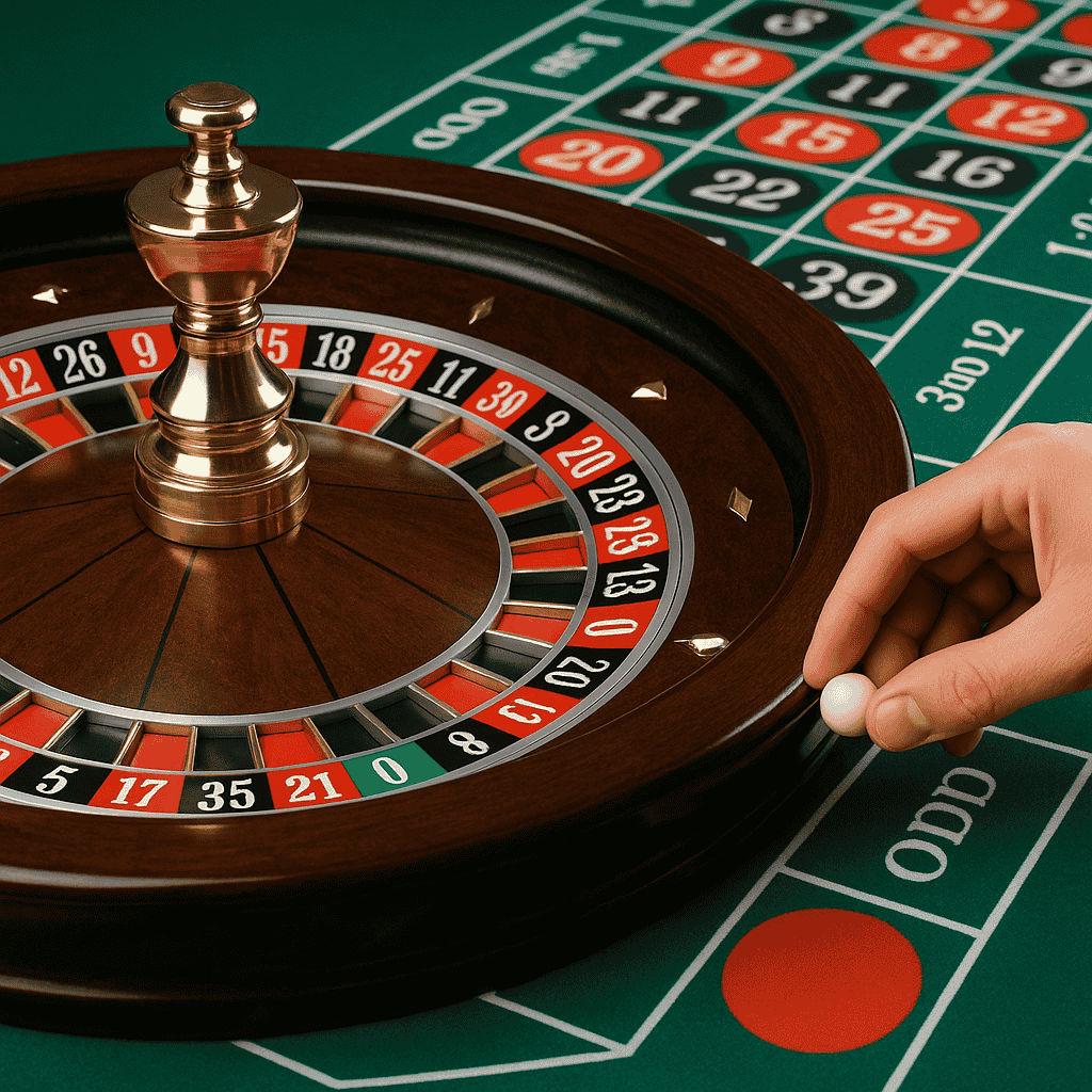 Hand placing ball on roulette wheel showing red and black numbers with betting layout in background