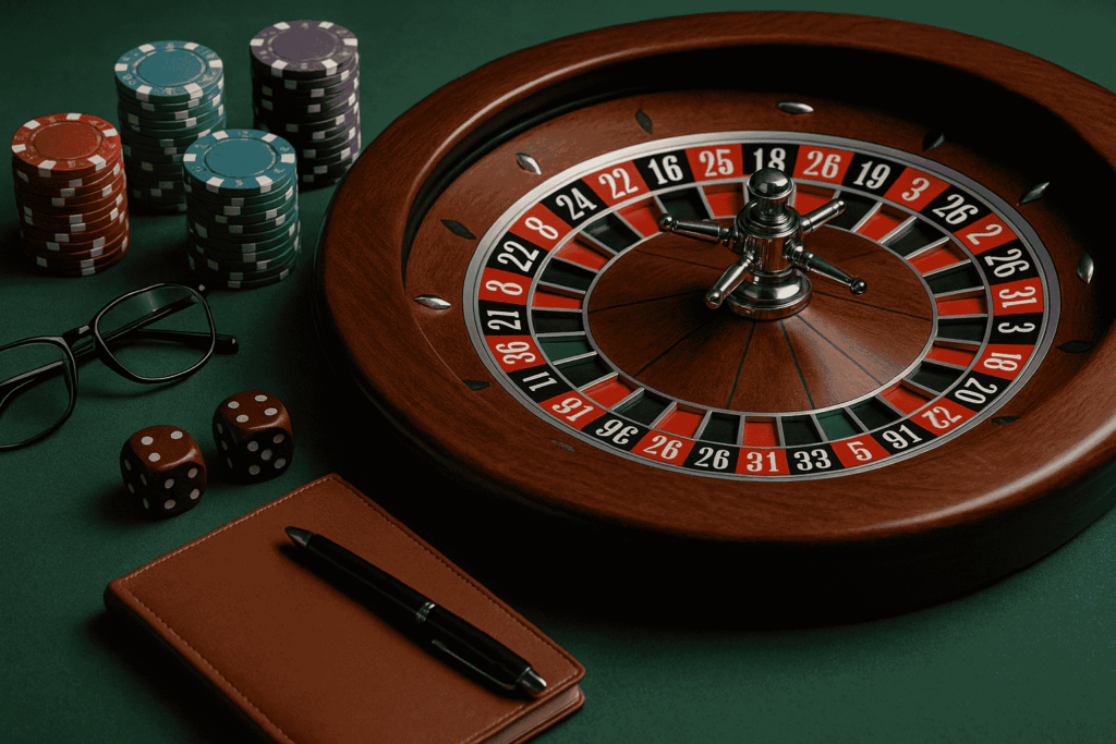 Professional roulette wheel with poker chips, notepad, dice, and eyeglasses showing bankroll tracking setup