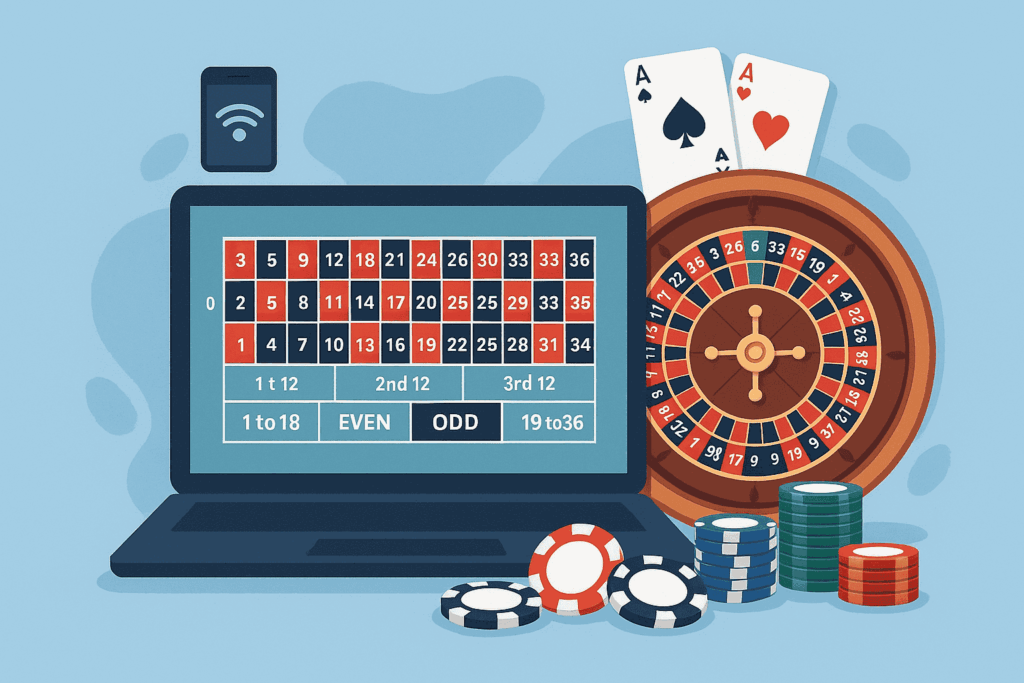Online roulette betting interface on laptop showing numbered grid, dozens, even-odd sections with wheel and poker chips