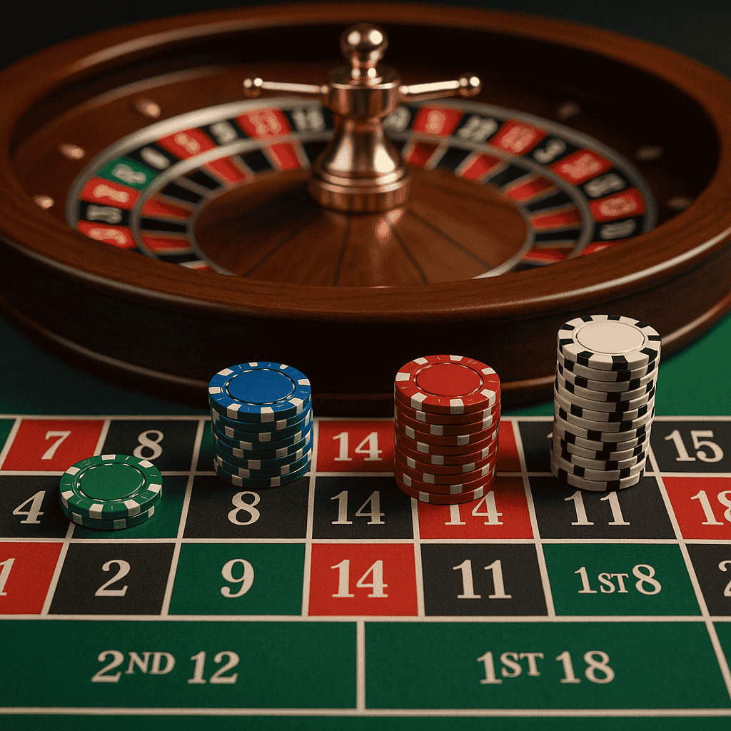 Casino roulette wheel spinning above betting layout showing chip stacks on numbers 14 and dozens section
