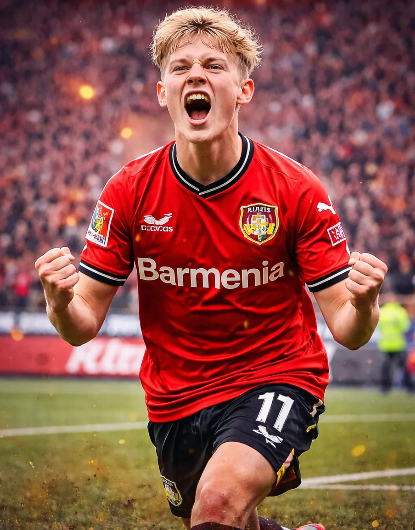 Young Bayer Leverkusen player celebrating a goal as the Bundesliga’s youngest breakout star in front of a packed stadium.