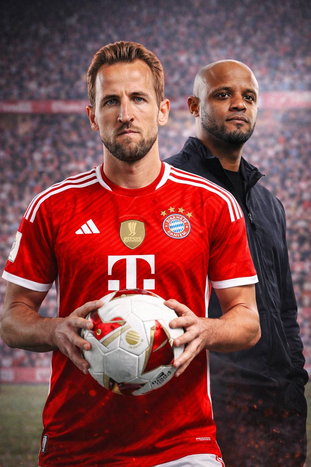 Harry Kane in Bayern Munich kit holding the ball with Vincent Kompany behind him, headline “Kane Sets the Bar for 2026”.