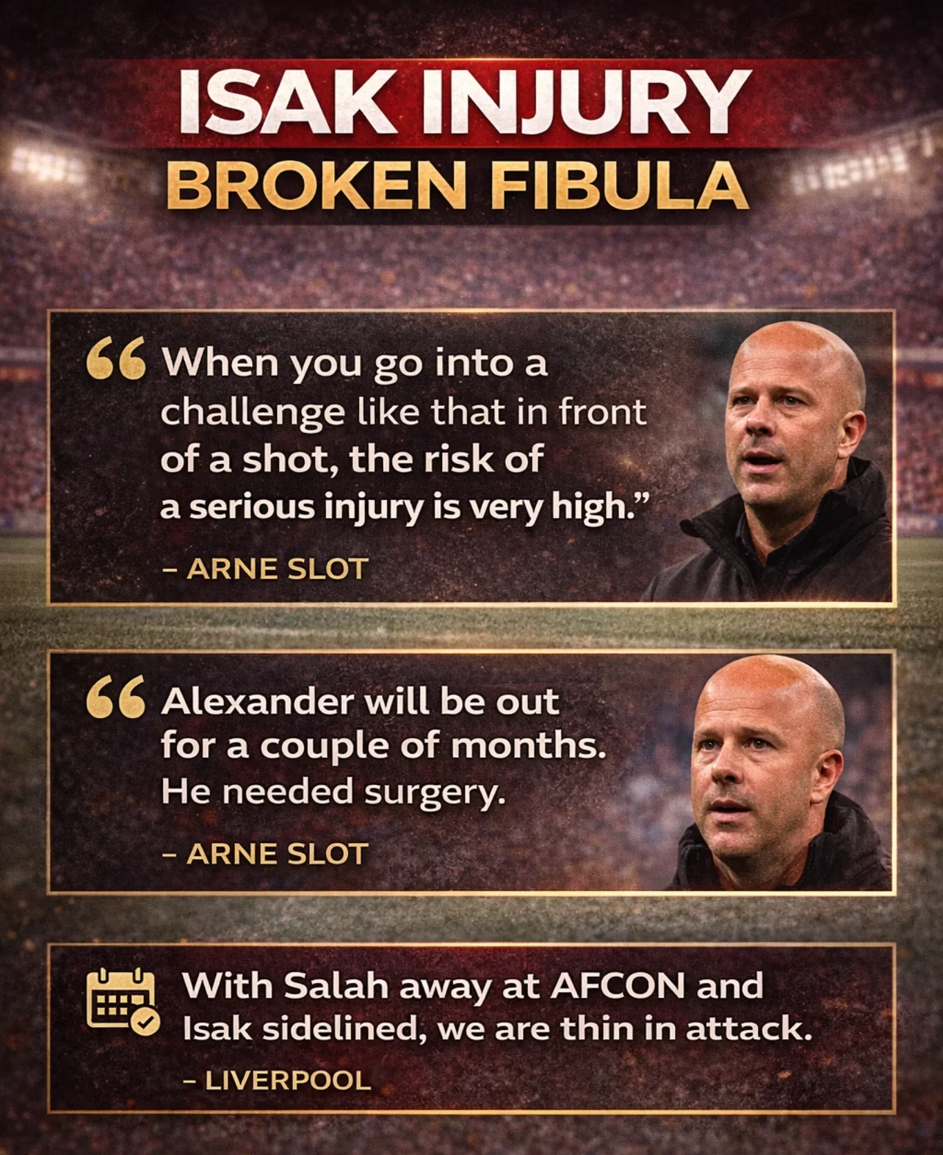 Graphic showing Arne Slot quotes on Alexander Isak’s broken fibula injury and expected recovery timeline for Liverpool.