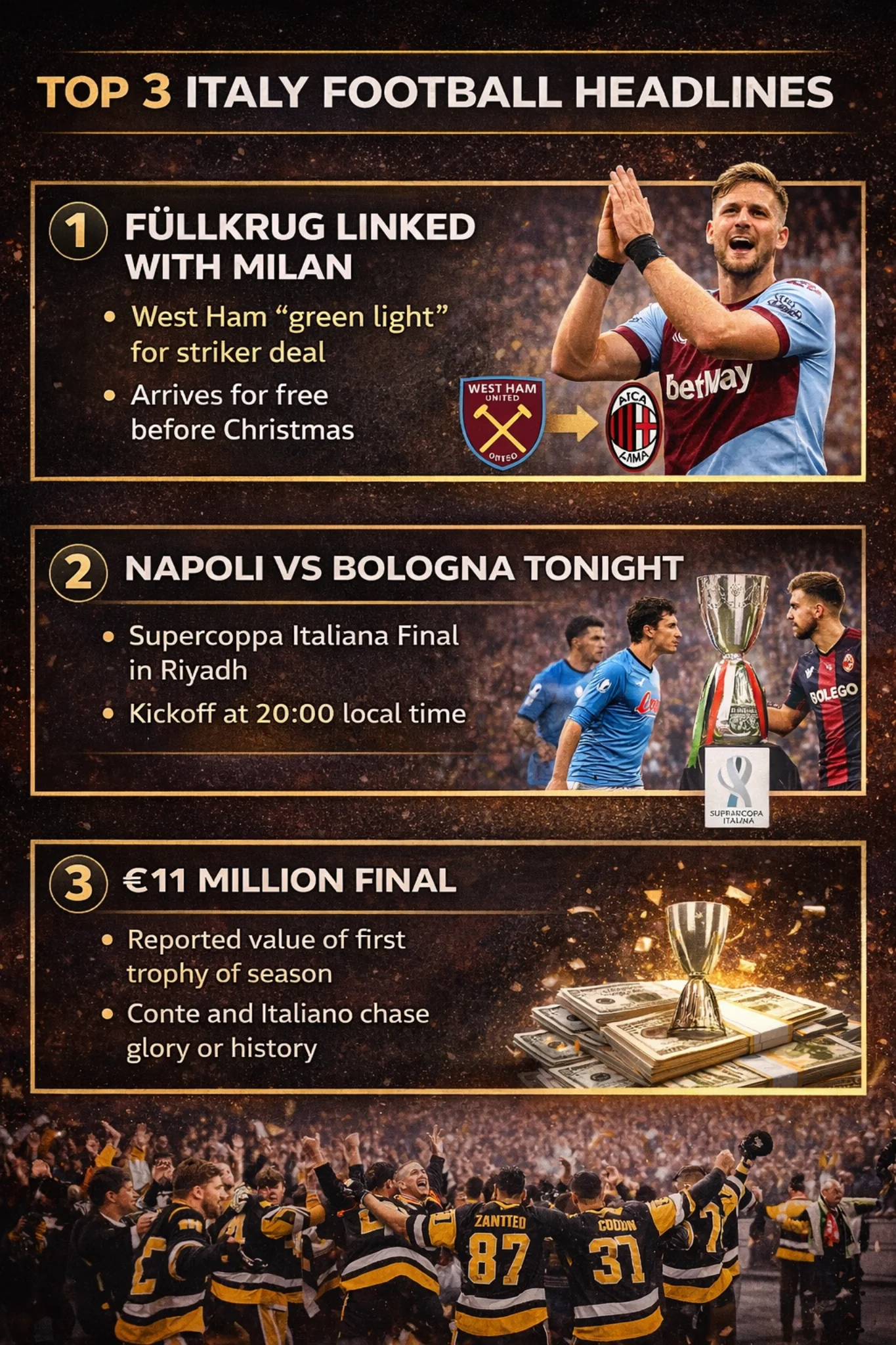 Top three Italy football headlines featuring transfer news, Napoli vs Bologna Supercoppa final, and prize money details.