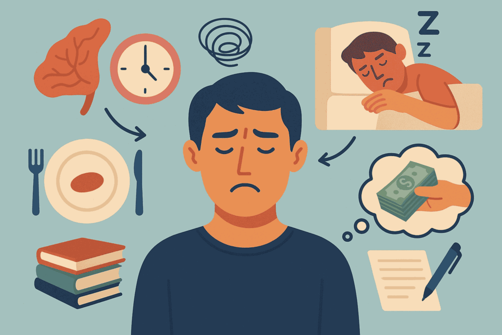 Illustration showing gambling loss stress symptoms including sleep disruption, appetite changes, and financial worries
