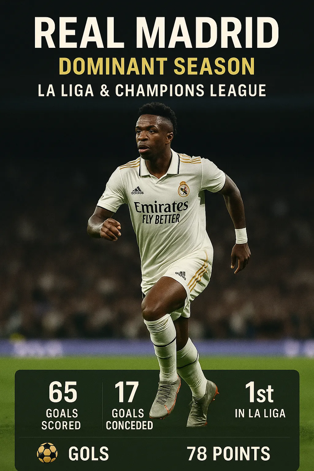 Hyperrealistic Real Madrid season performance infographic featuring Vinícius Júnior running in the white kit, with clean stat boxes showing 65 goals scored, 17 conceded, and 1st place in La Liga with 78 points.
