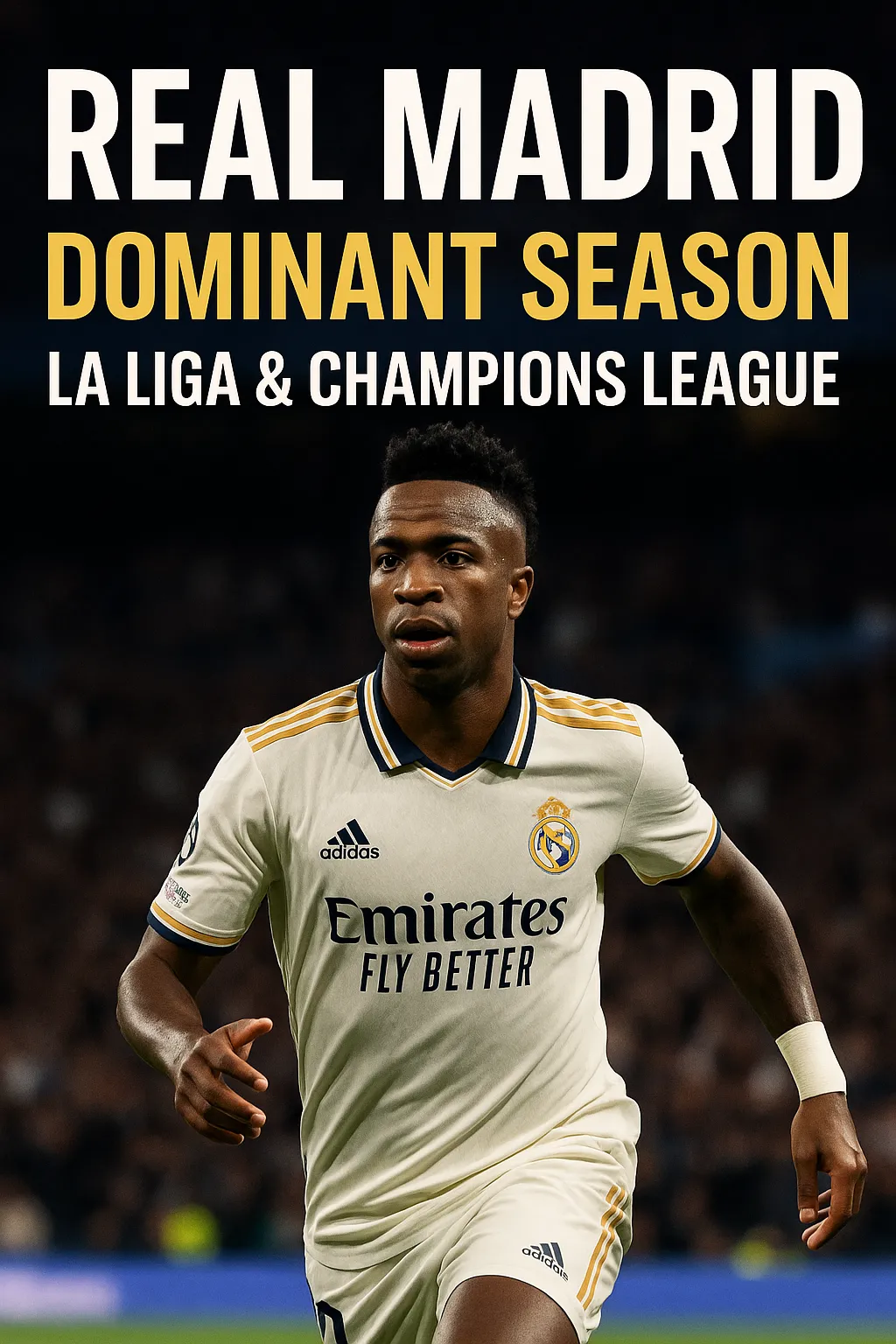 Hyperrealistic poster of Real Madrid’s season form featuring Vinícius Júnior running in the white home kit, with bold text reading “Real Madrid Dominant Season – La Liga & Champions League” against a dark stadium background.