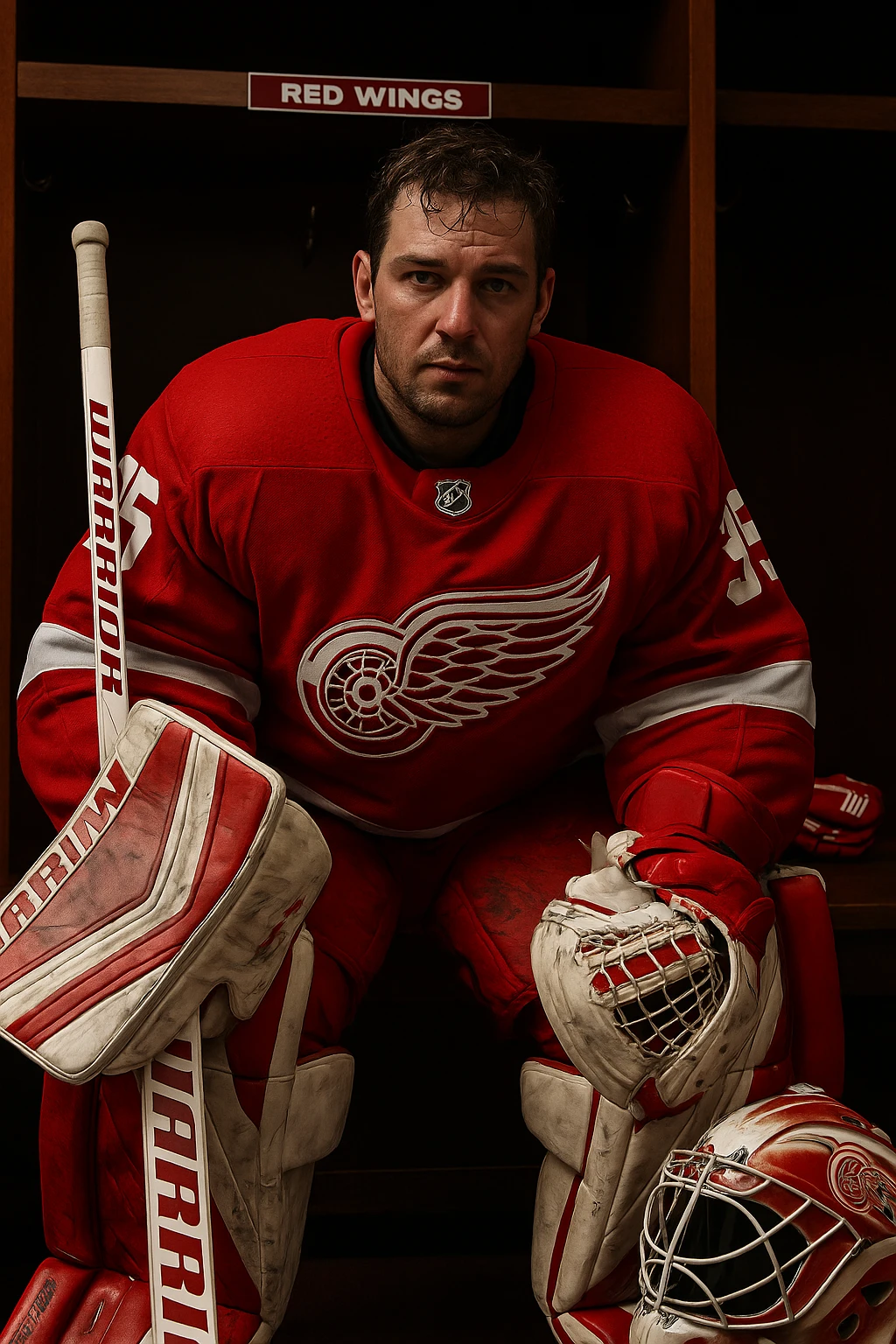 John Gibson makes a dramatic glove save during his 39-save shutout against Vancouver, captured in a cinematic, high-contrast rink-level shot with the Red Wings crest visible on his chest.