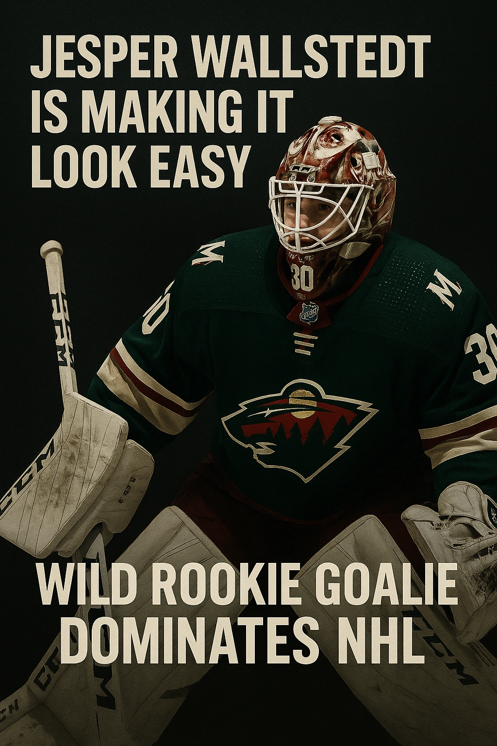 Hyperrealistic vertical poster of Minnesota Wild goalie Jesper Wallstedt in full gear, wearing a green Wild jersey and red mask, with bold text reading “Jesper Wallstedt Is Making It Look Easy – Wild Rookie Goalie Dominates NHL” on a dark background.