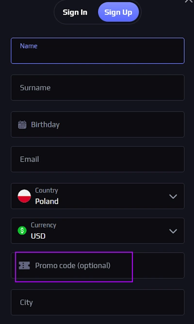 Screenshot des Roostake Casino Registrierungsformulars mit Eingabefeldern für E-Mail, Passwort und Promo-Code