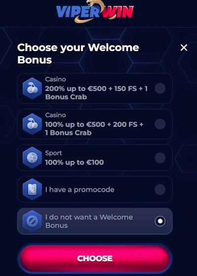 Options to choose before sign up form