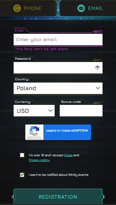Winity Casino registration form