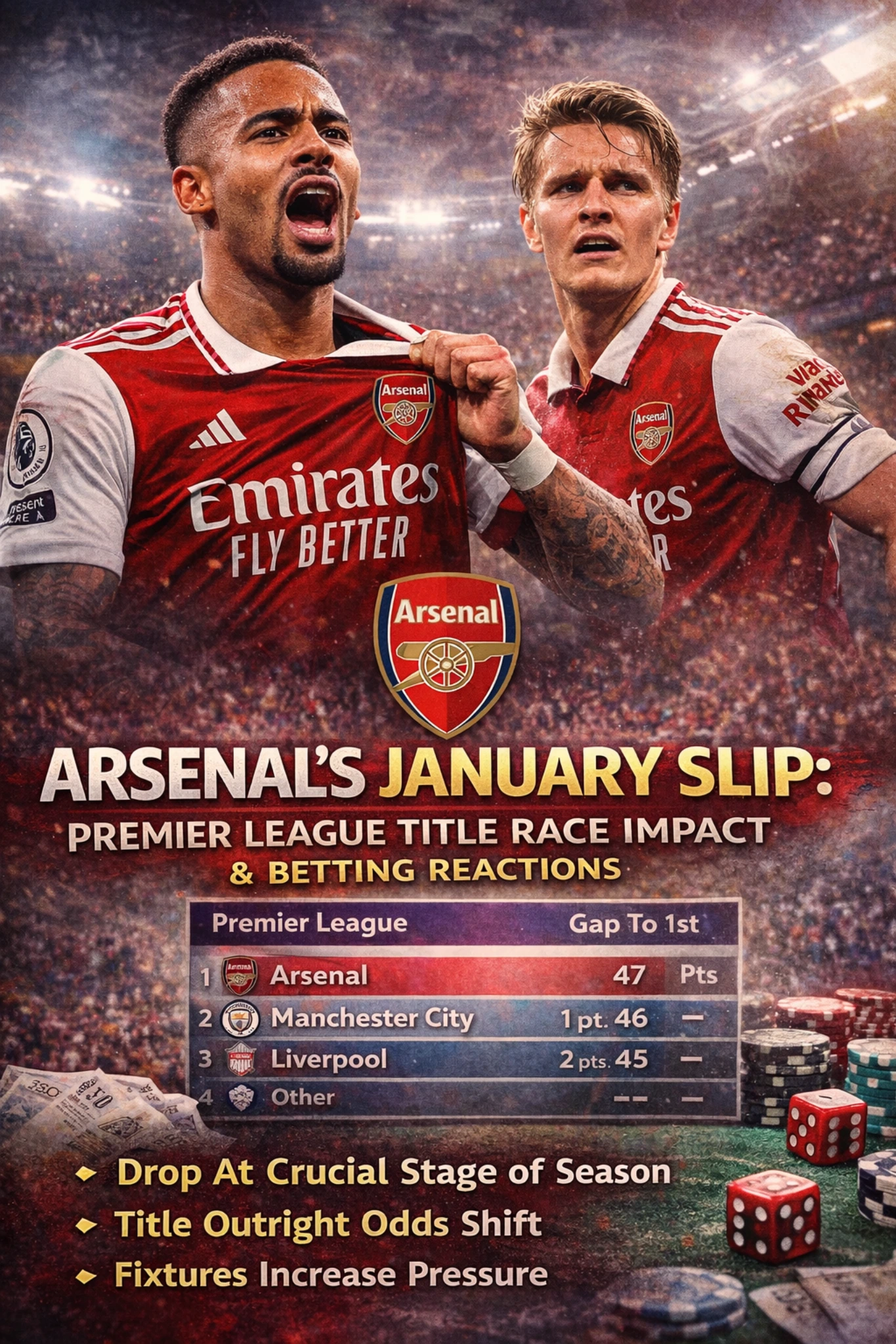 Arsenal January slip during the Premier League title race as Arsenal players react after dropped points, impacting title odds and betting markets.