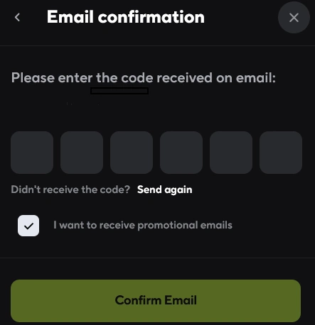 email confirmation via code sent to email