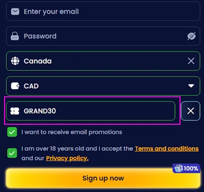 Trino Casino registration form and promo code during sign up