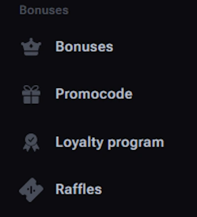bonuses and promocode section on the homepage
