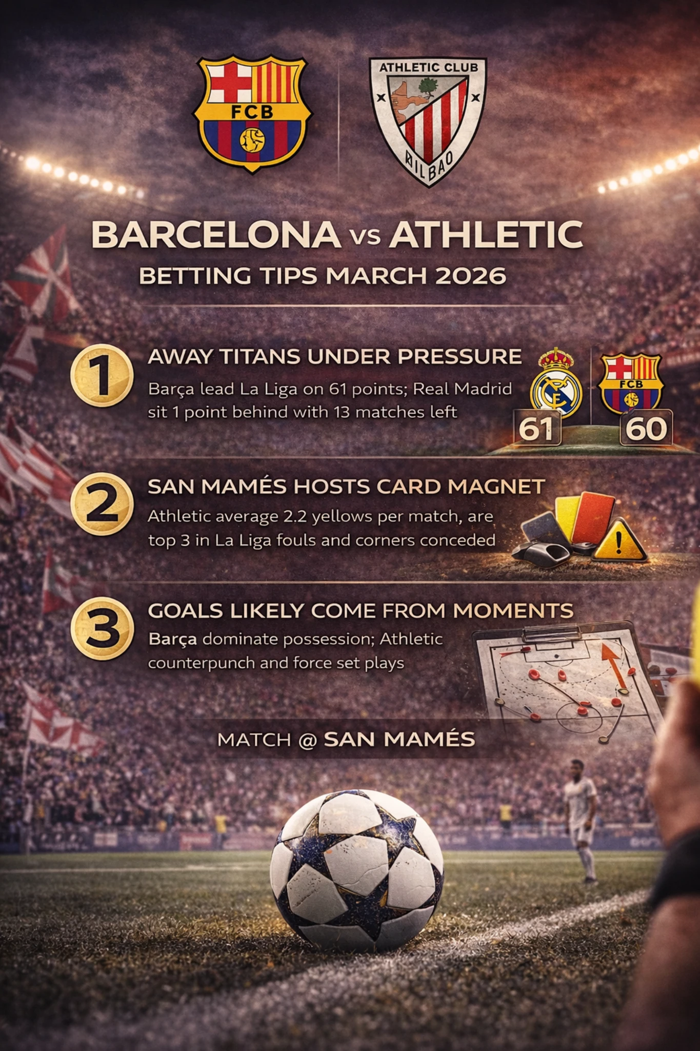 Barcelona vs Athletic betting tips March 2026 infographic highlighting pressure, cards and tactical angles