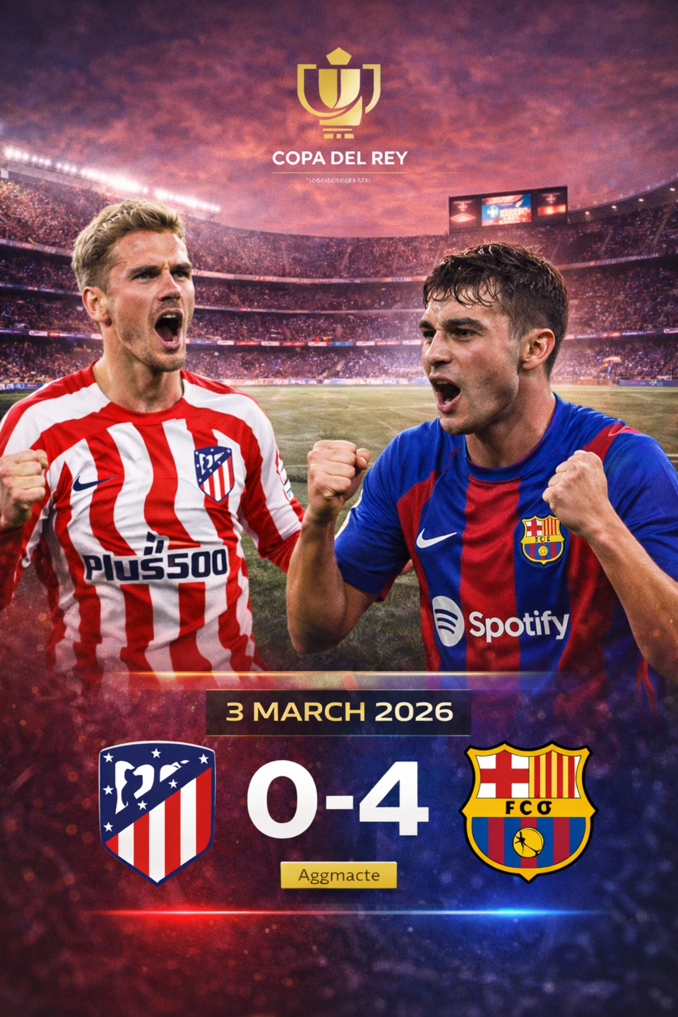 Copa del Rey 2026 Atlético vs Barcelona second leg poster showing stadium background, 3 March 2026 date and 0-4 aggregate score