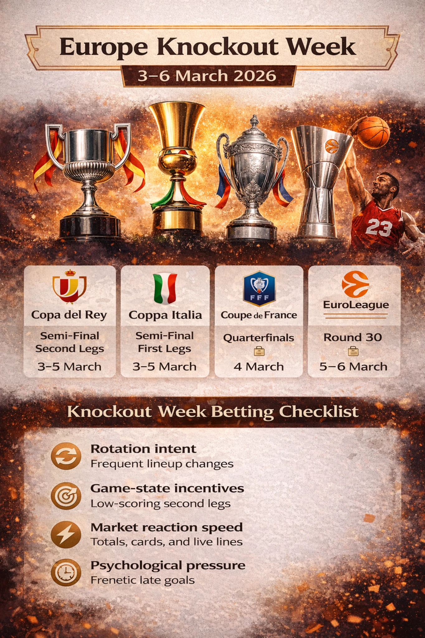 Europe Knockout Week infographic outlining Copa del Rey, Coppa Italia, Coupe de France, and EuroLeague betting schedule for 3–6 March 2026