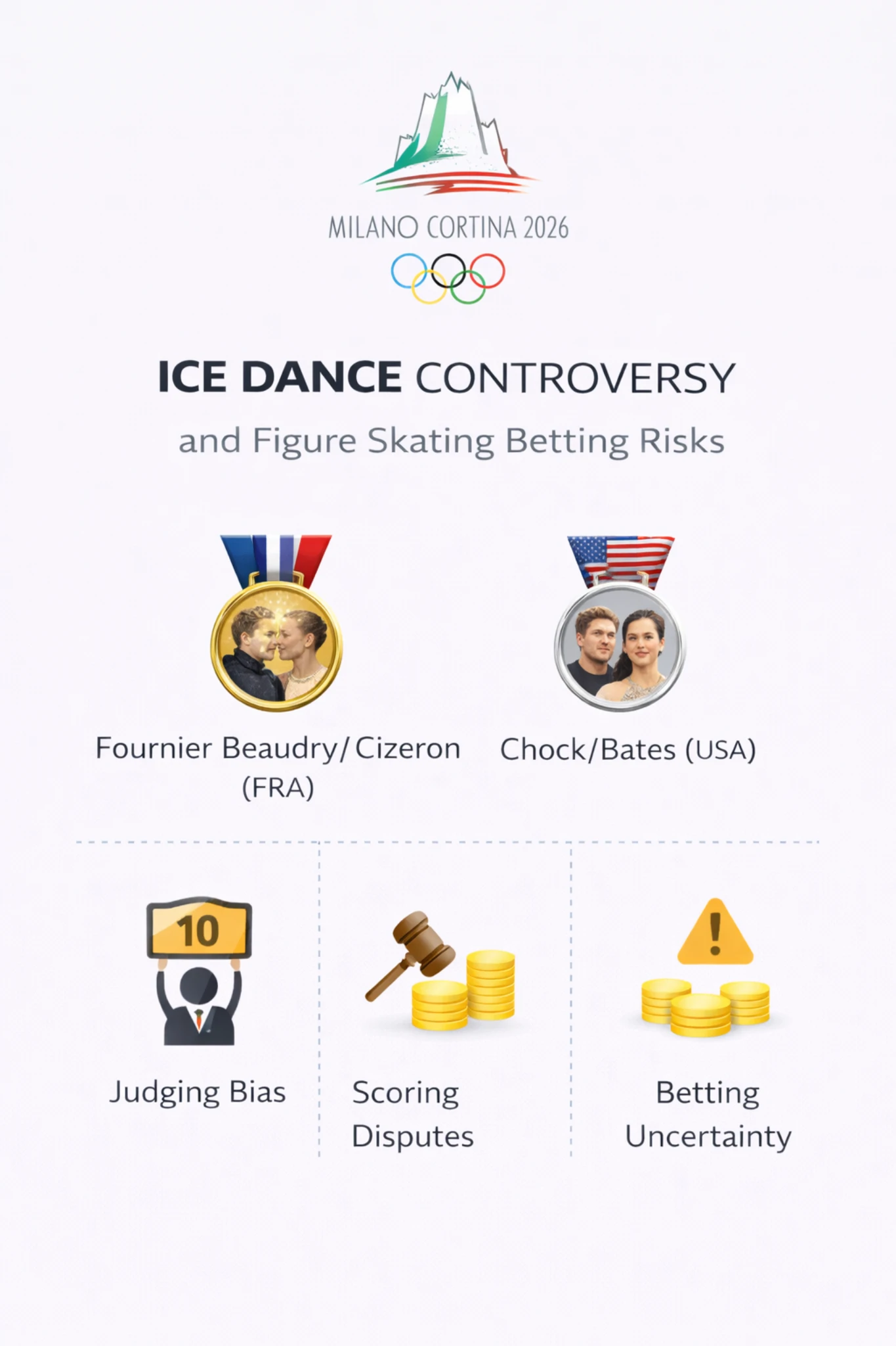 Ice Dance Controversy infographic Milano Cortina 2026 showing Fournier Beaudry Cizeron and Chock Bates with judging bias, scoring disputes and betting uncertainty icons