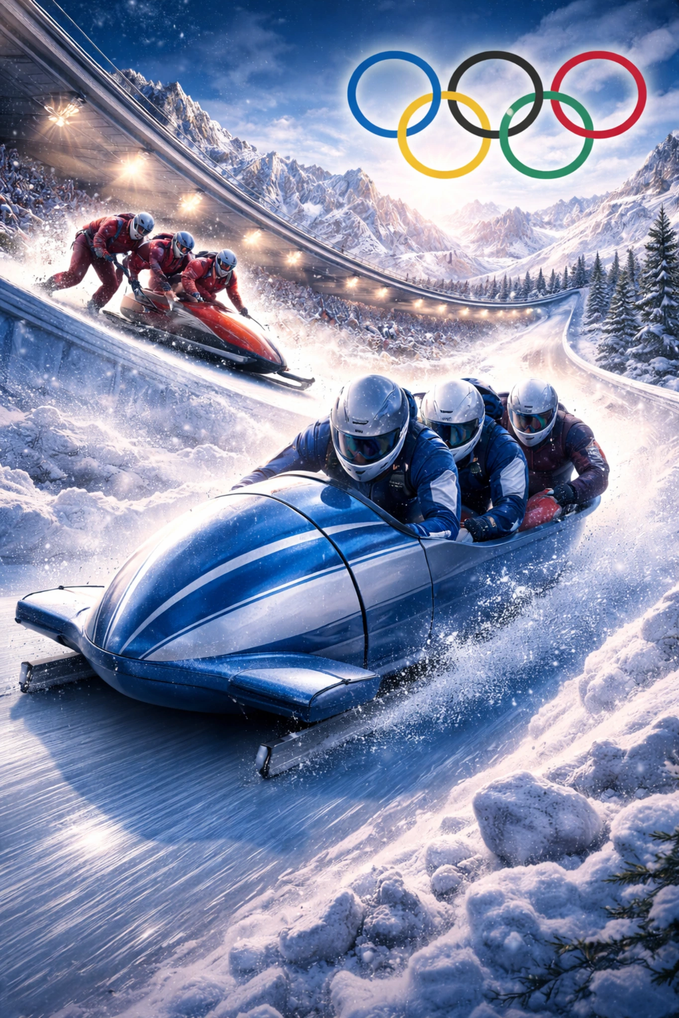 Olympic bobsleigh race at the 2026 Winter Olympics showing a four-man sled speeding down an icy track with Olympic rings overhead