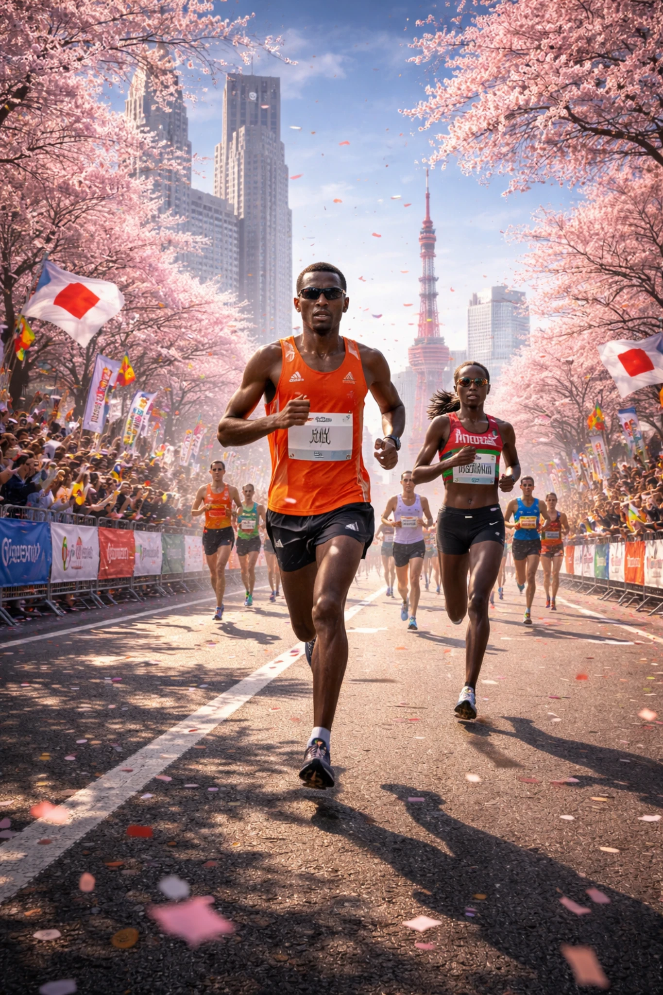Tokyo Marathon 2026 poster showing elite runners racing through Tokyo streets during cherry blossom season with spectators lining the course