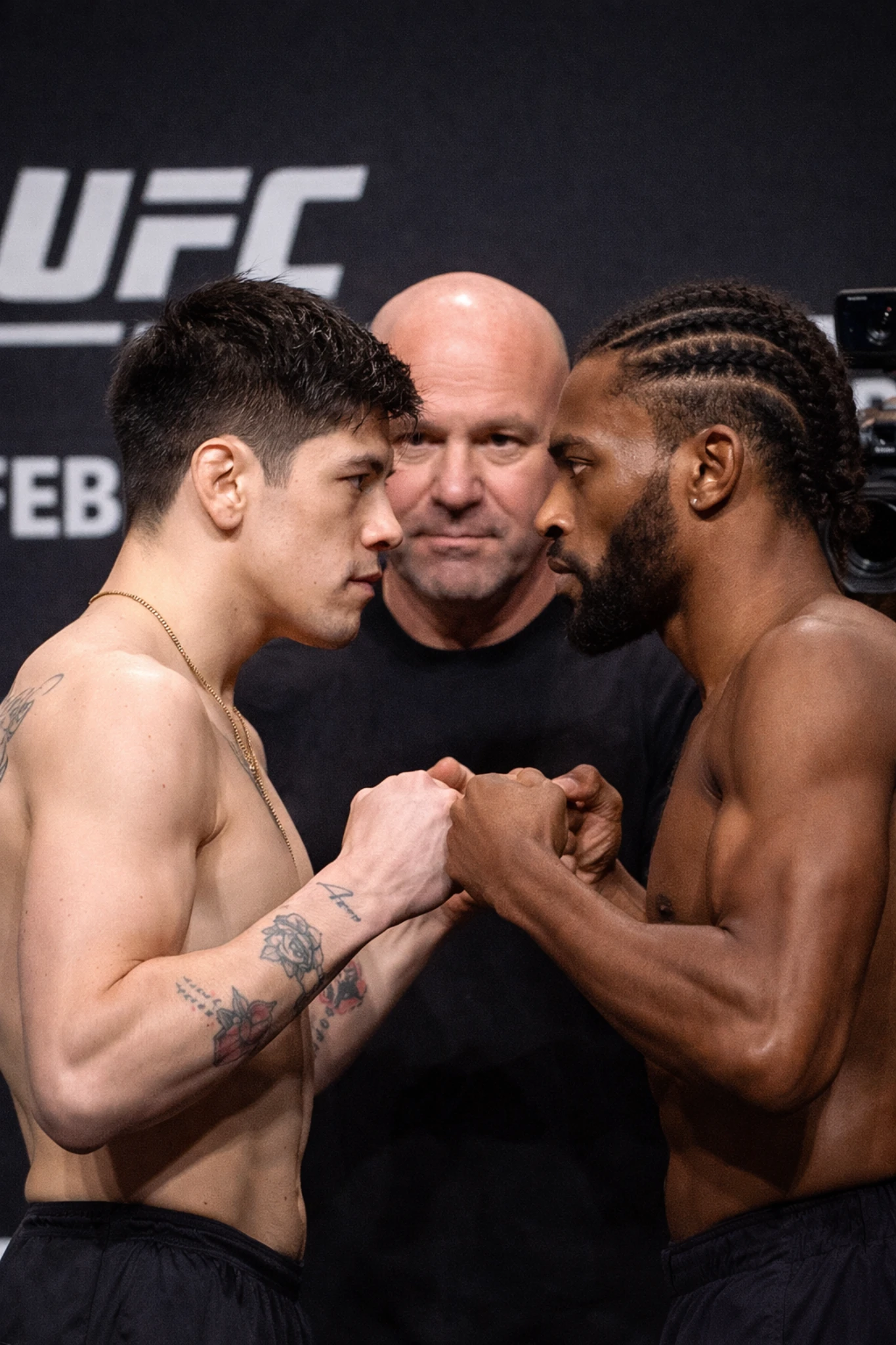 Brandon Moreno and Lone’er Kavanagh face off during UFC Fight Night weigh-in ahead of their February 28, 2026 flyweight bout in Mexico City.